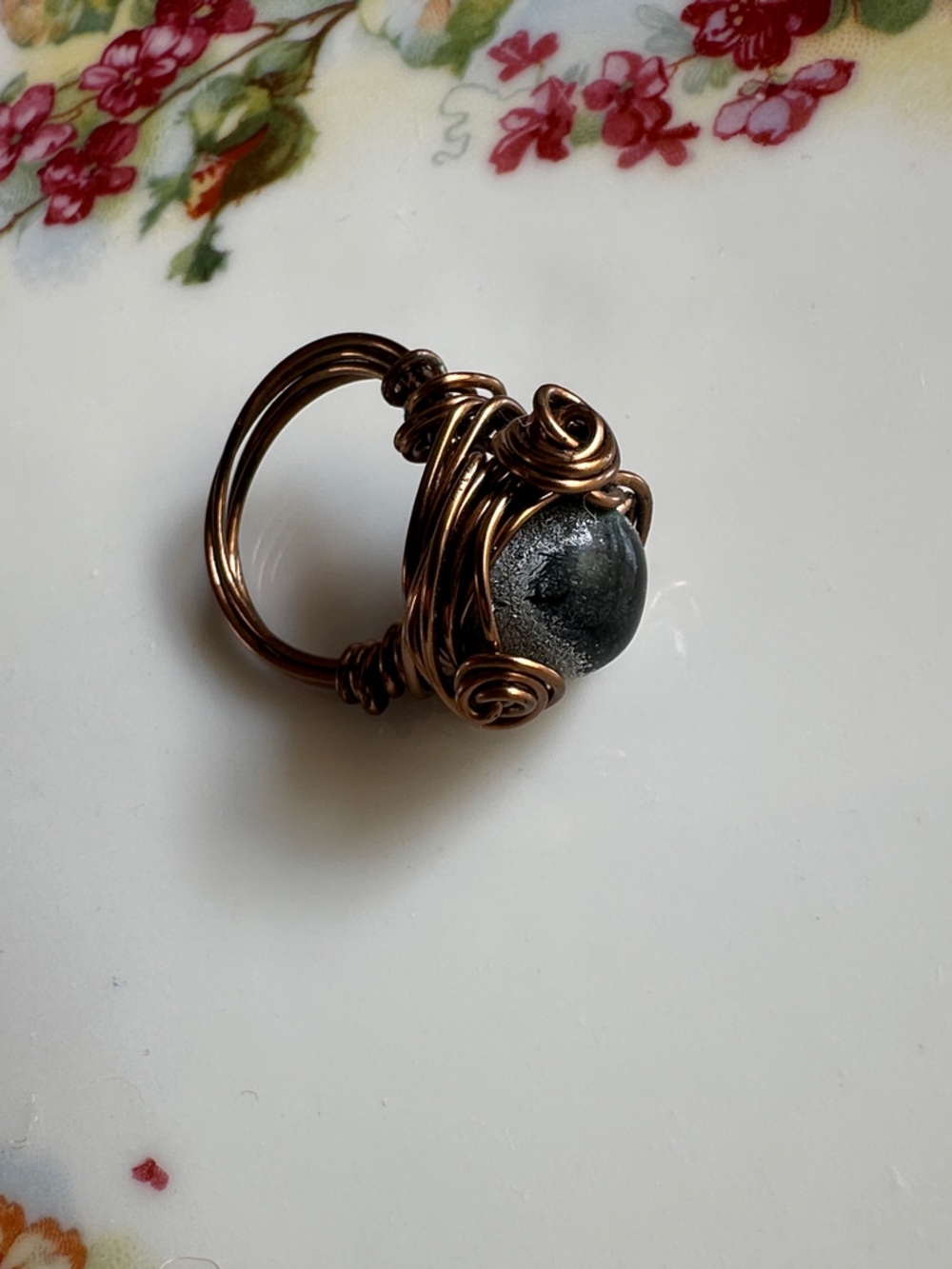 Handcrafted Copper Wire Ring with Gray Stone colored bead